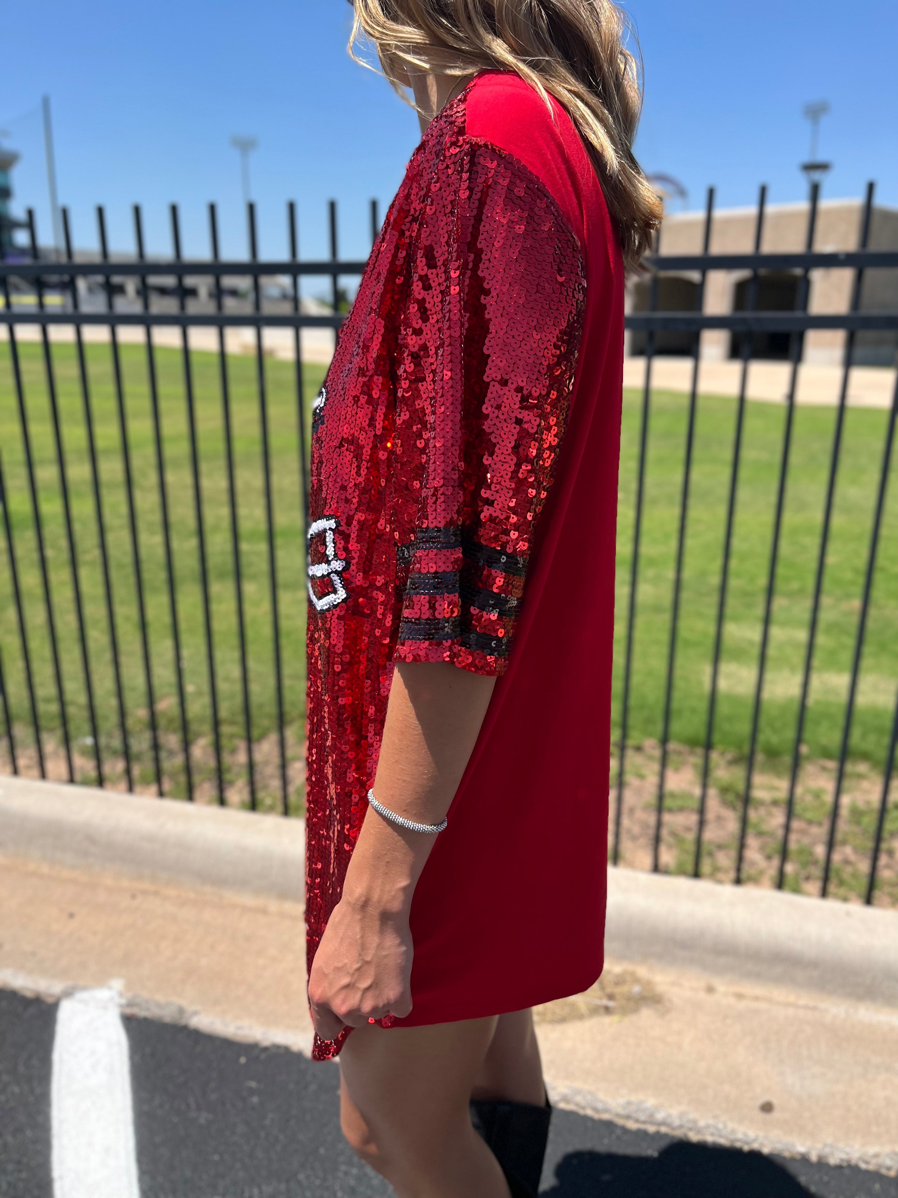 SEQUIN FOOTBALL HELMET MINI DRESS - RED/BLACK