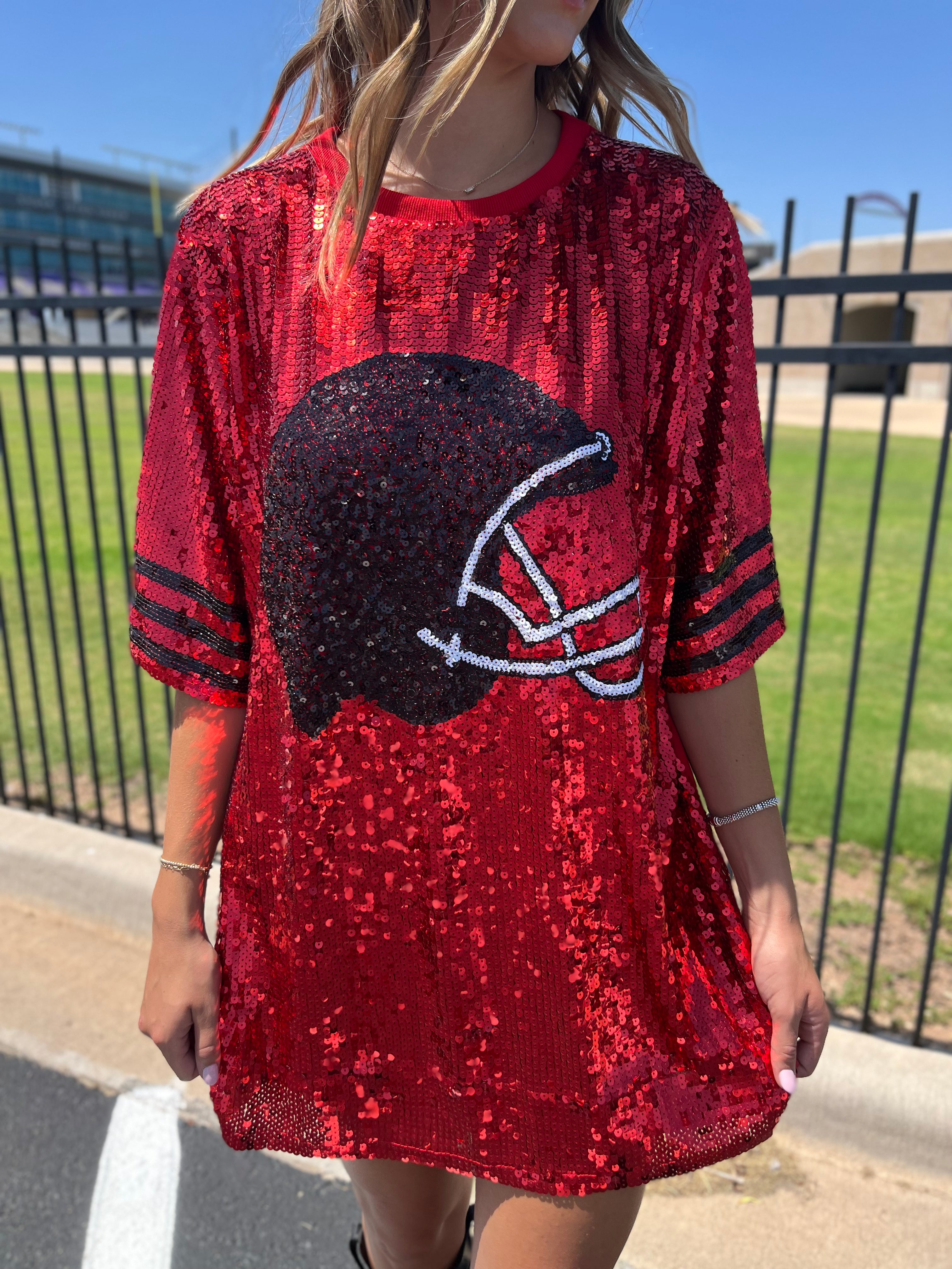 SEQUIN FOOTBALL HELMET MINI DRESS - RED/BLACK