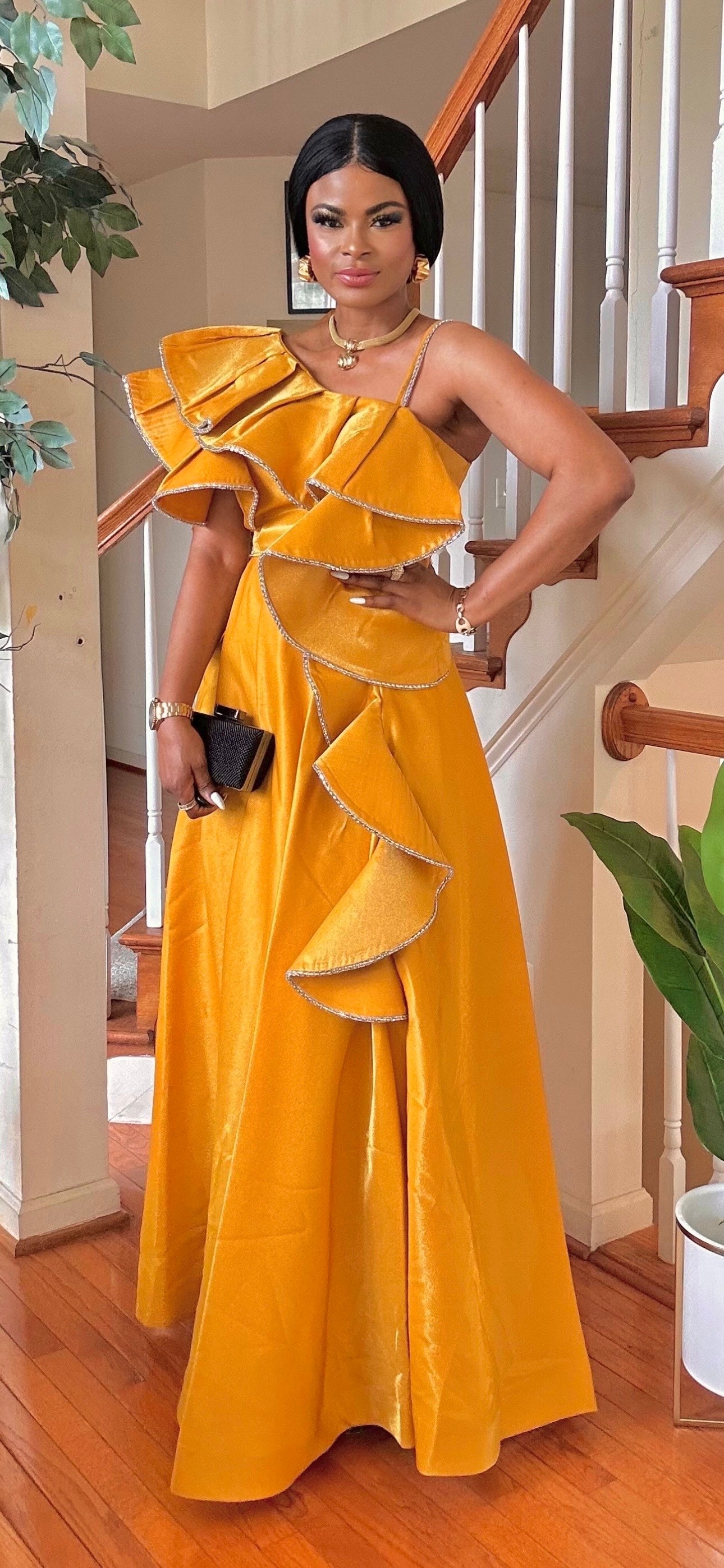 SHORTSLEEVED CREPE MAXI DRESS(MUSTARD)