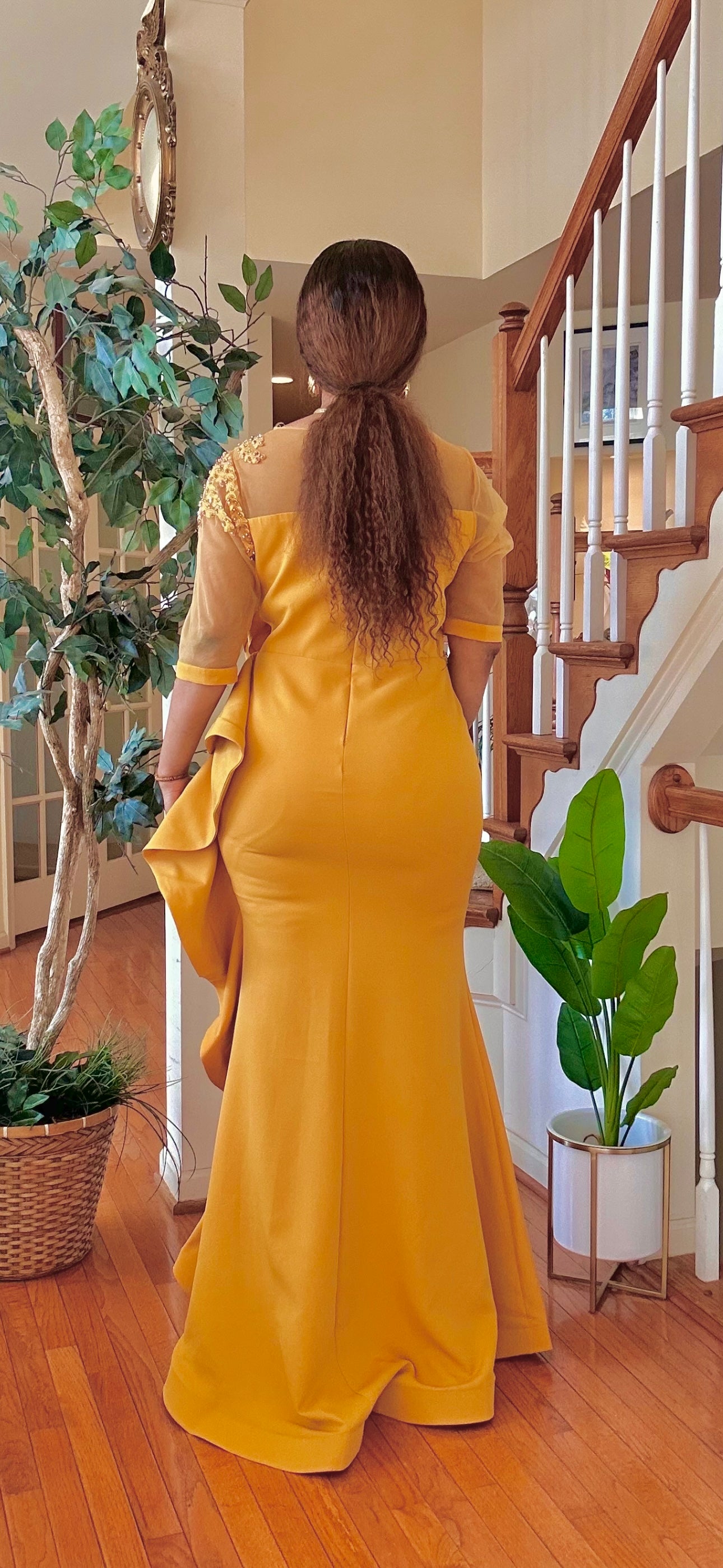 SIDE SLIT RUCHING FLOOR LENGTH FORMAL DRESS(MUSTARD)