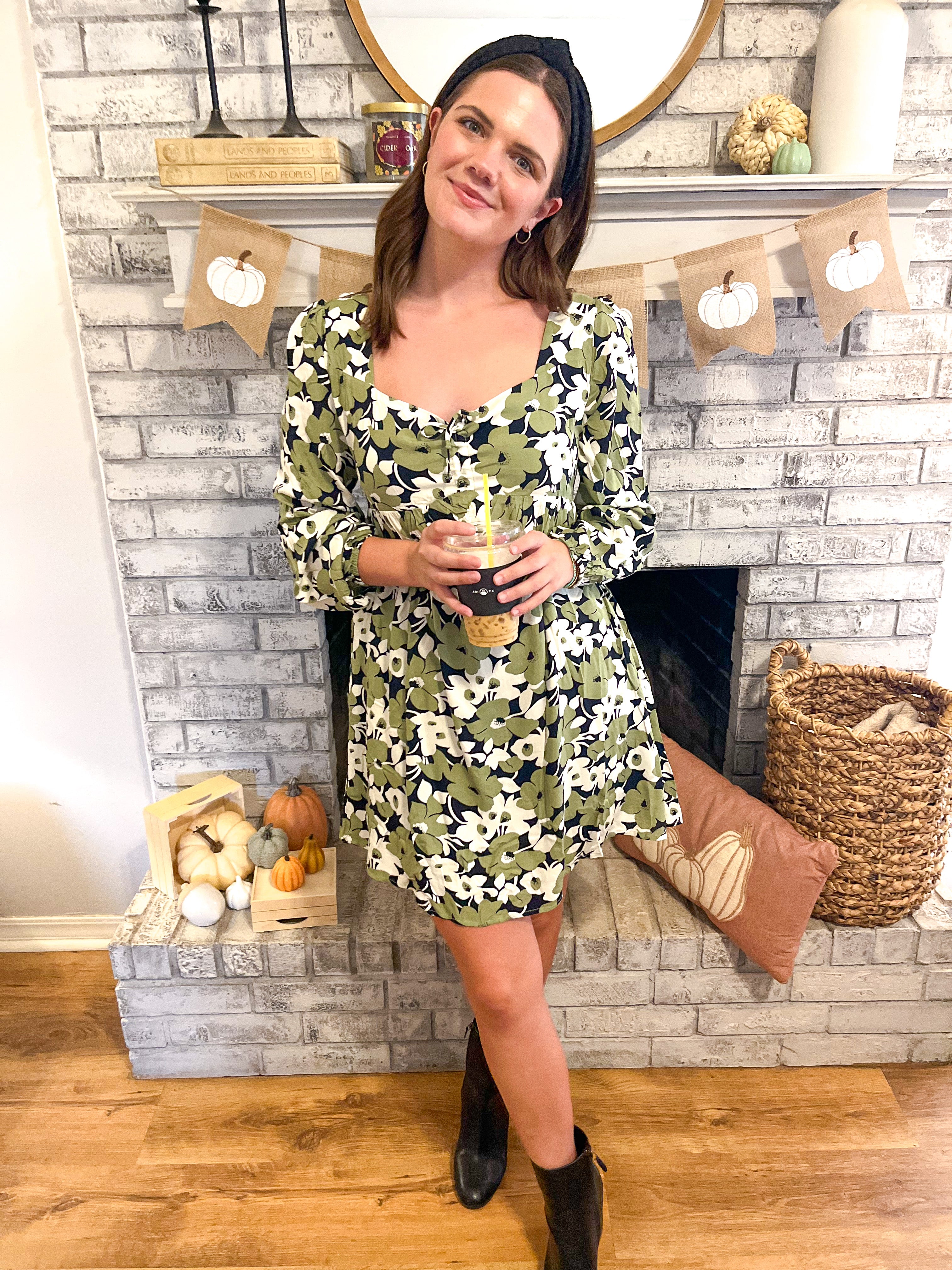 SMOCKED FLORAL PRINT MINI DRESS - OLIVE COMBO