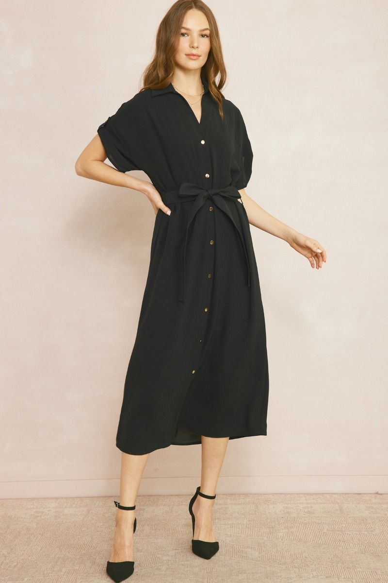 Solid Button Down Maxi Dress- Black