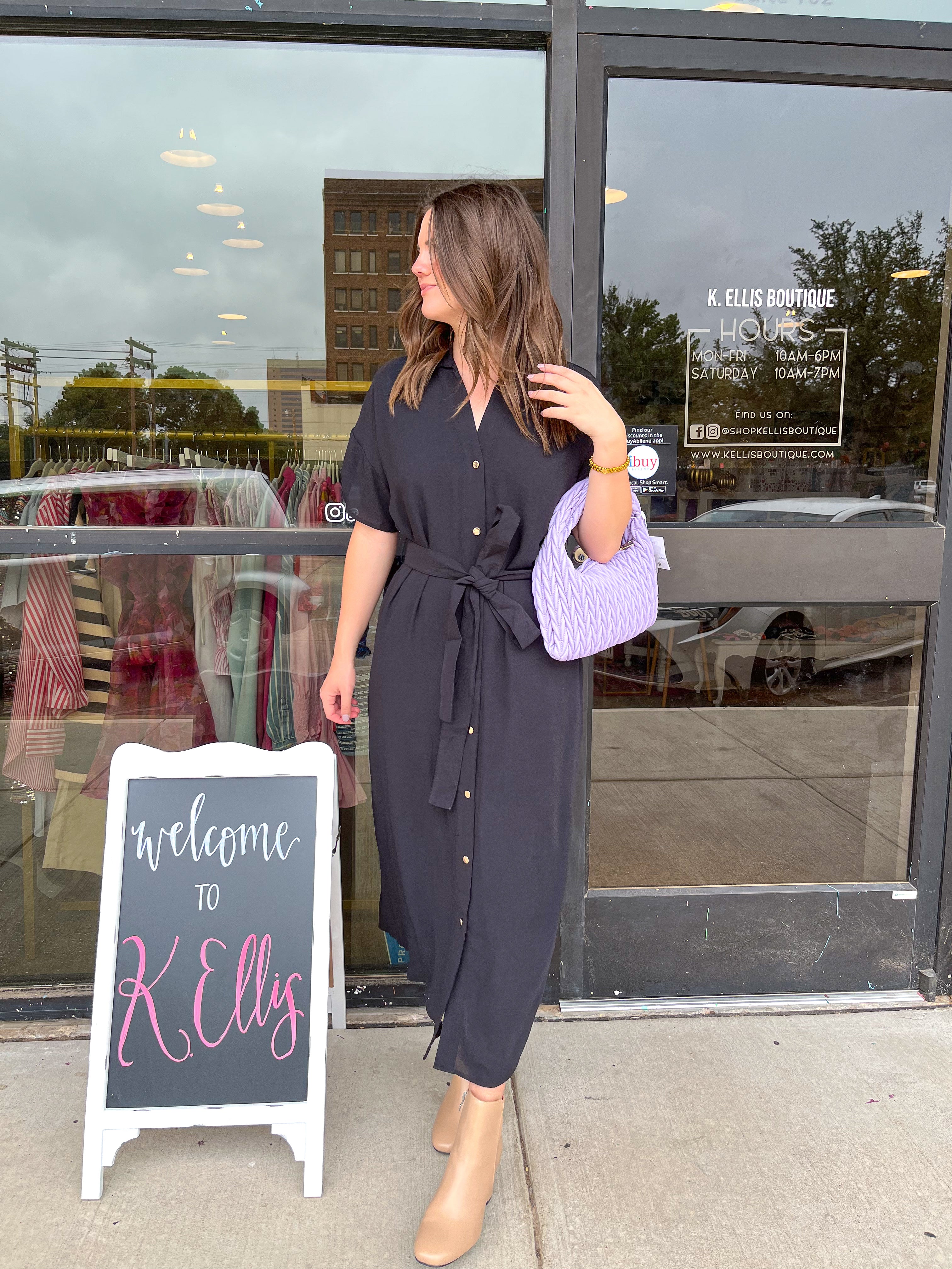 Solid Button Down Maxi Dress- Black