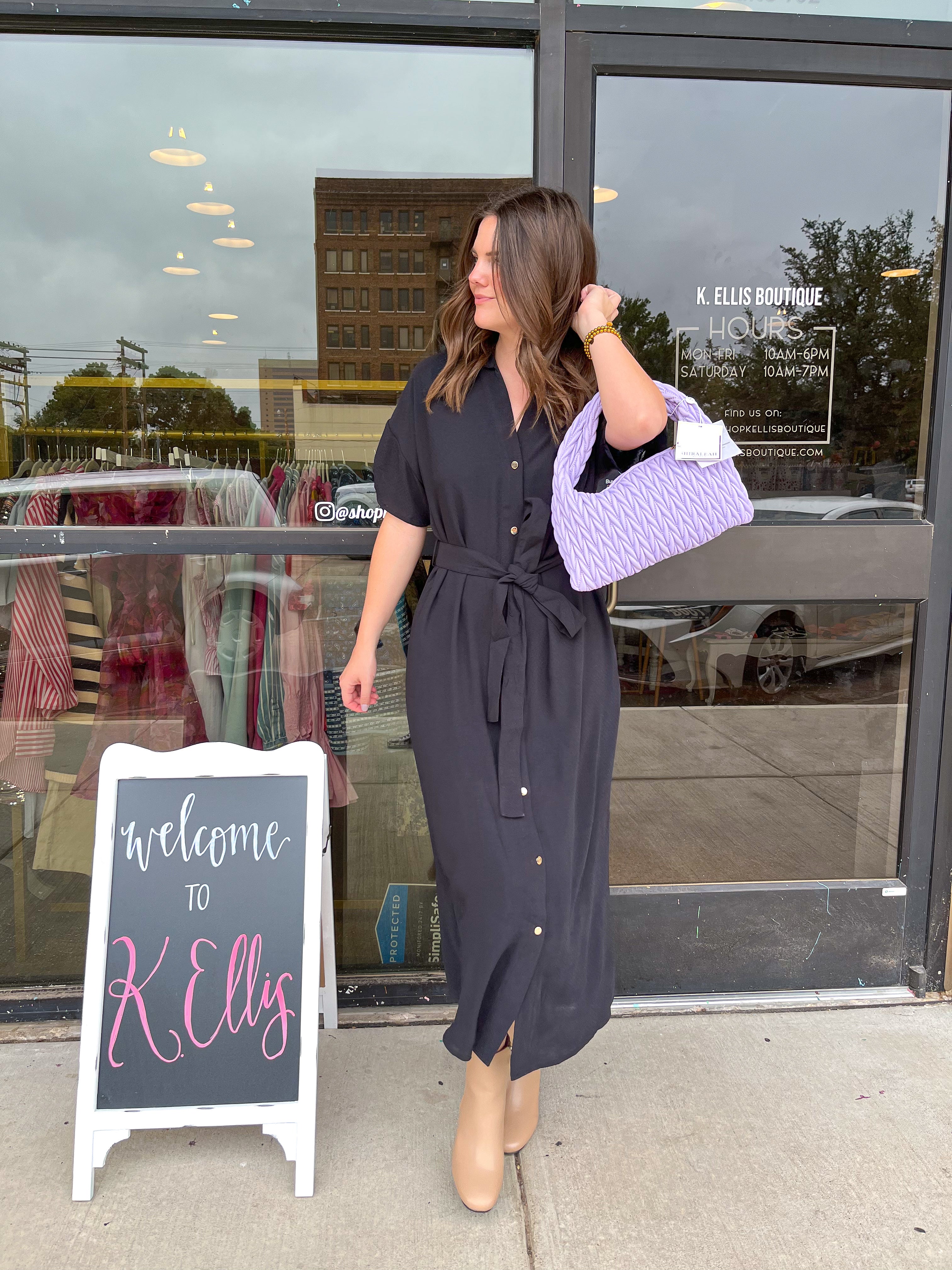 Solid Button Down Maxi Dress- Black