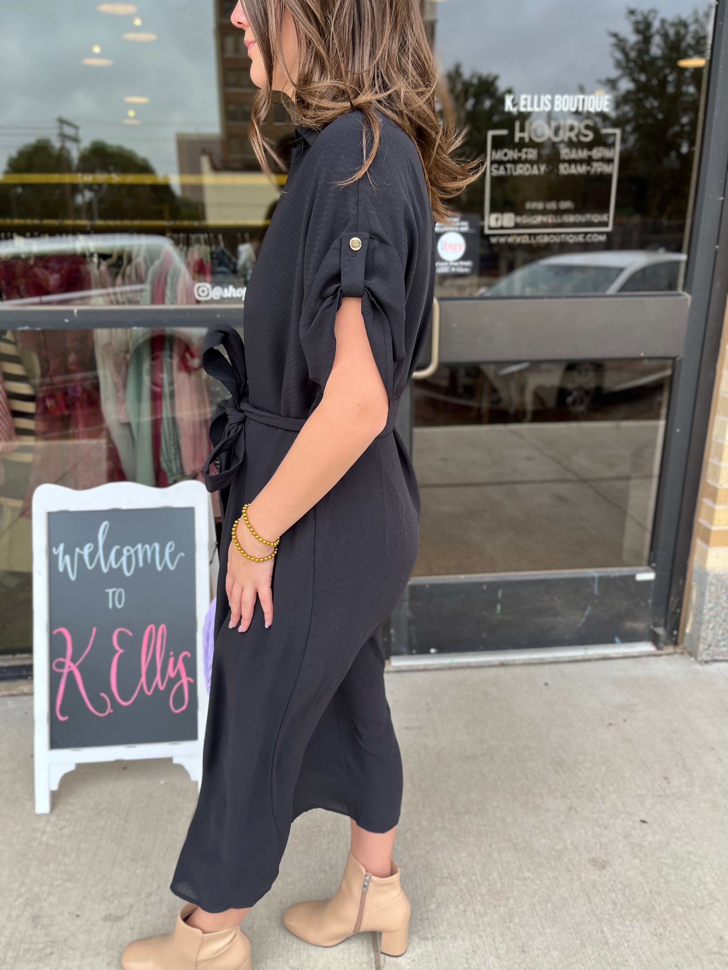 Solid Button Down Maxi Dress- Black