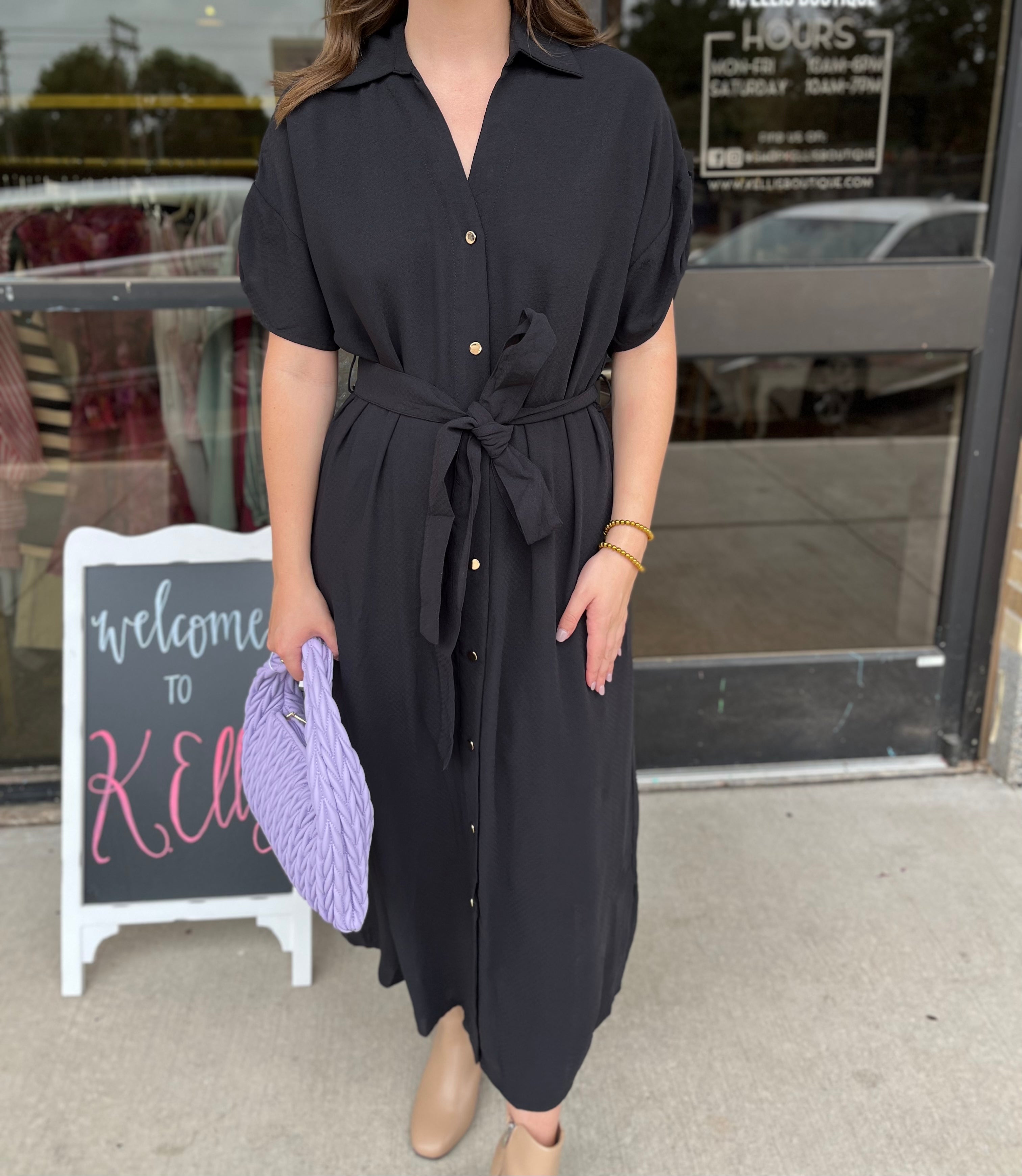 Solid Button Down Maxi Dress- Black