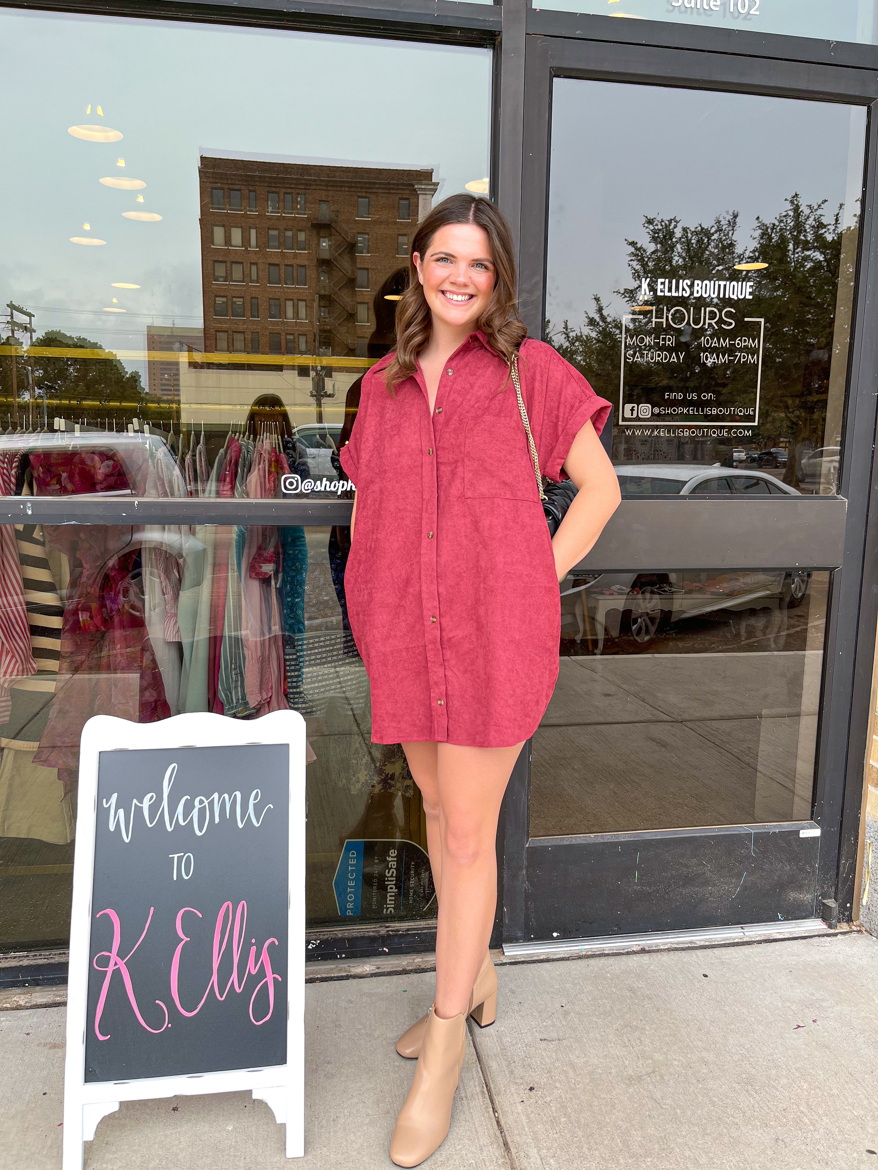 Solid Corduroy Button Down Mini Dress- Merlot