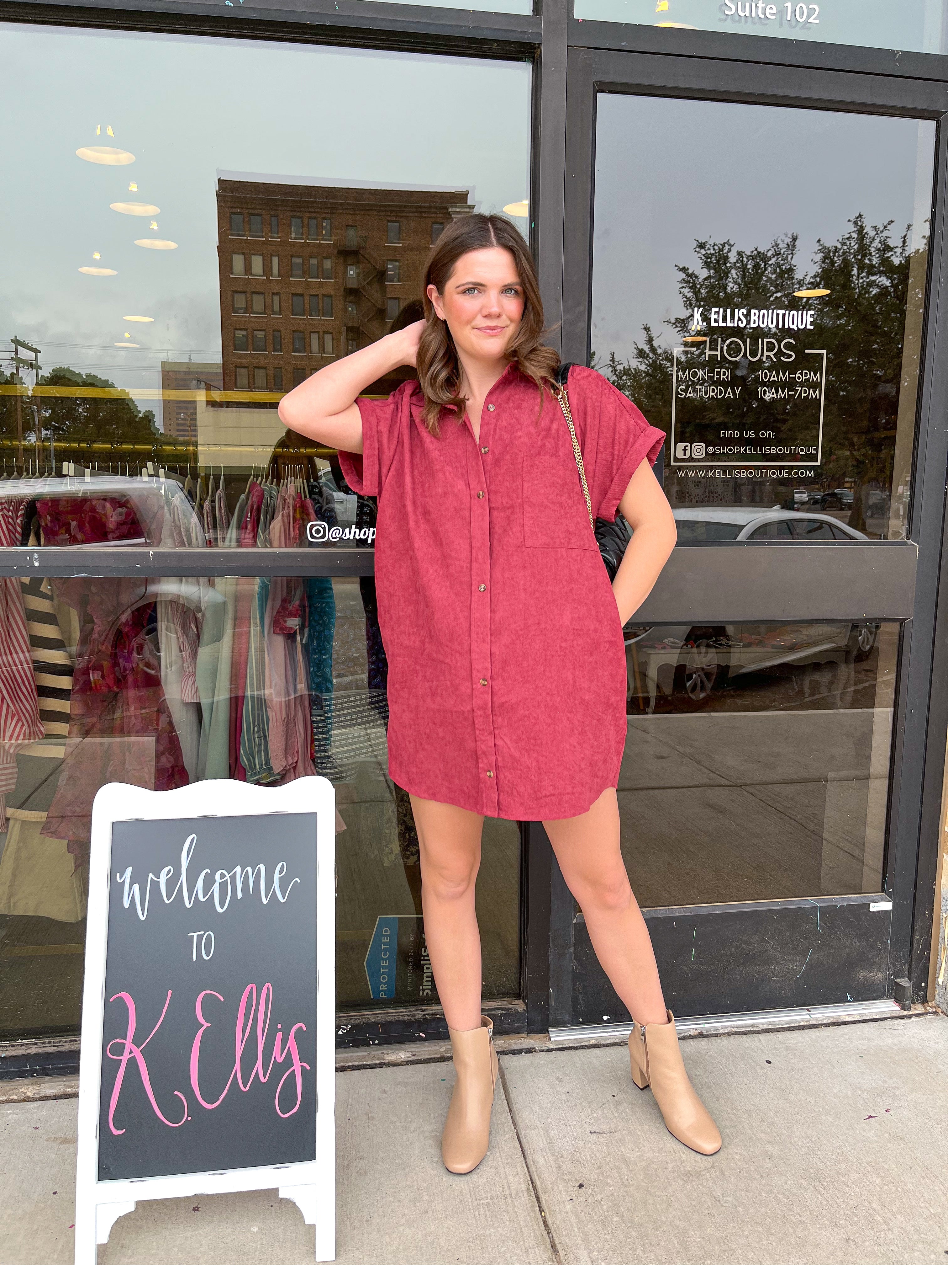 Solid Corduroy Button Down Mini Dress- Merlot