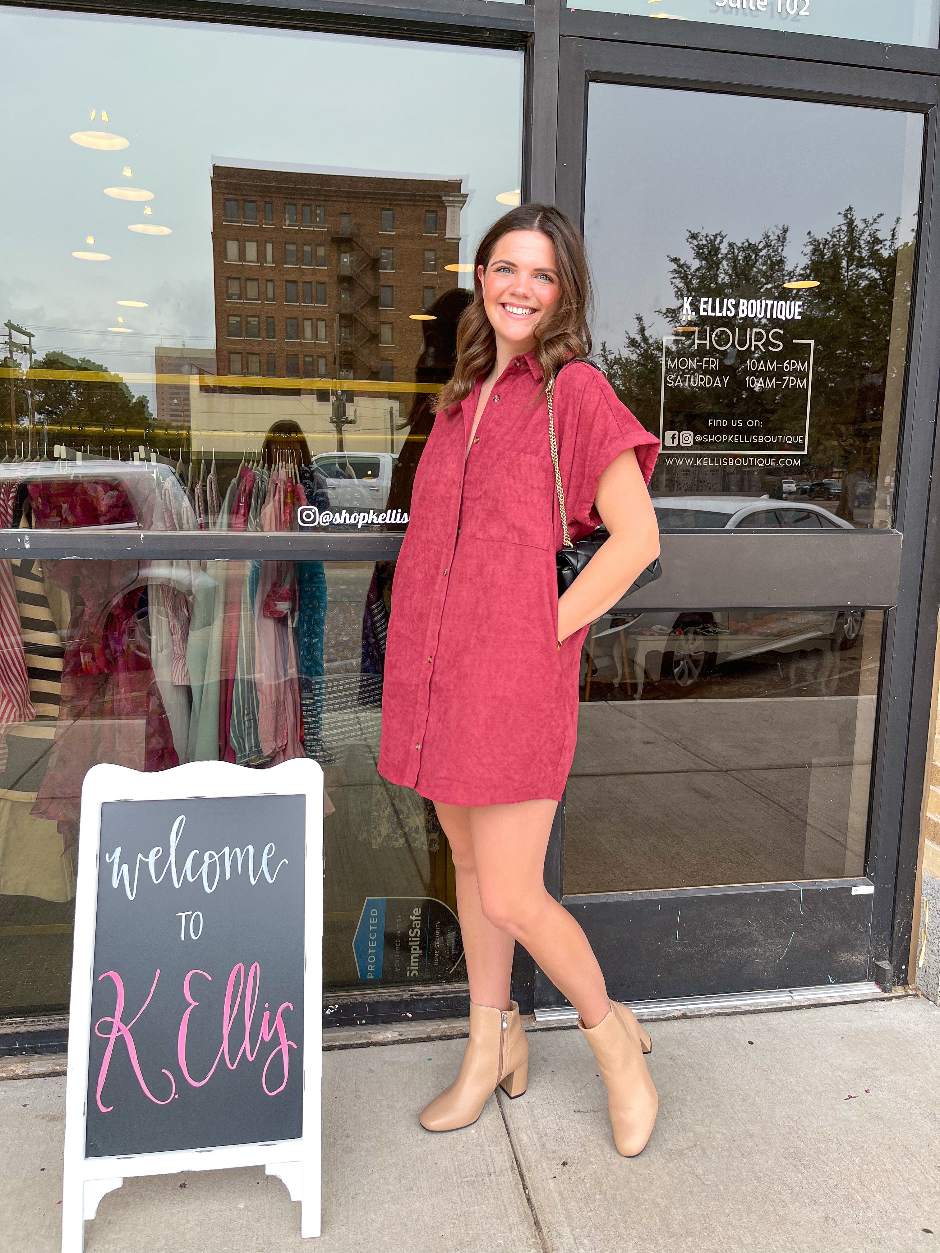 Solid Corduroy Button Down Mini Dress- Merlot