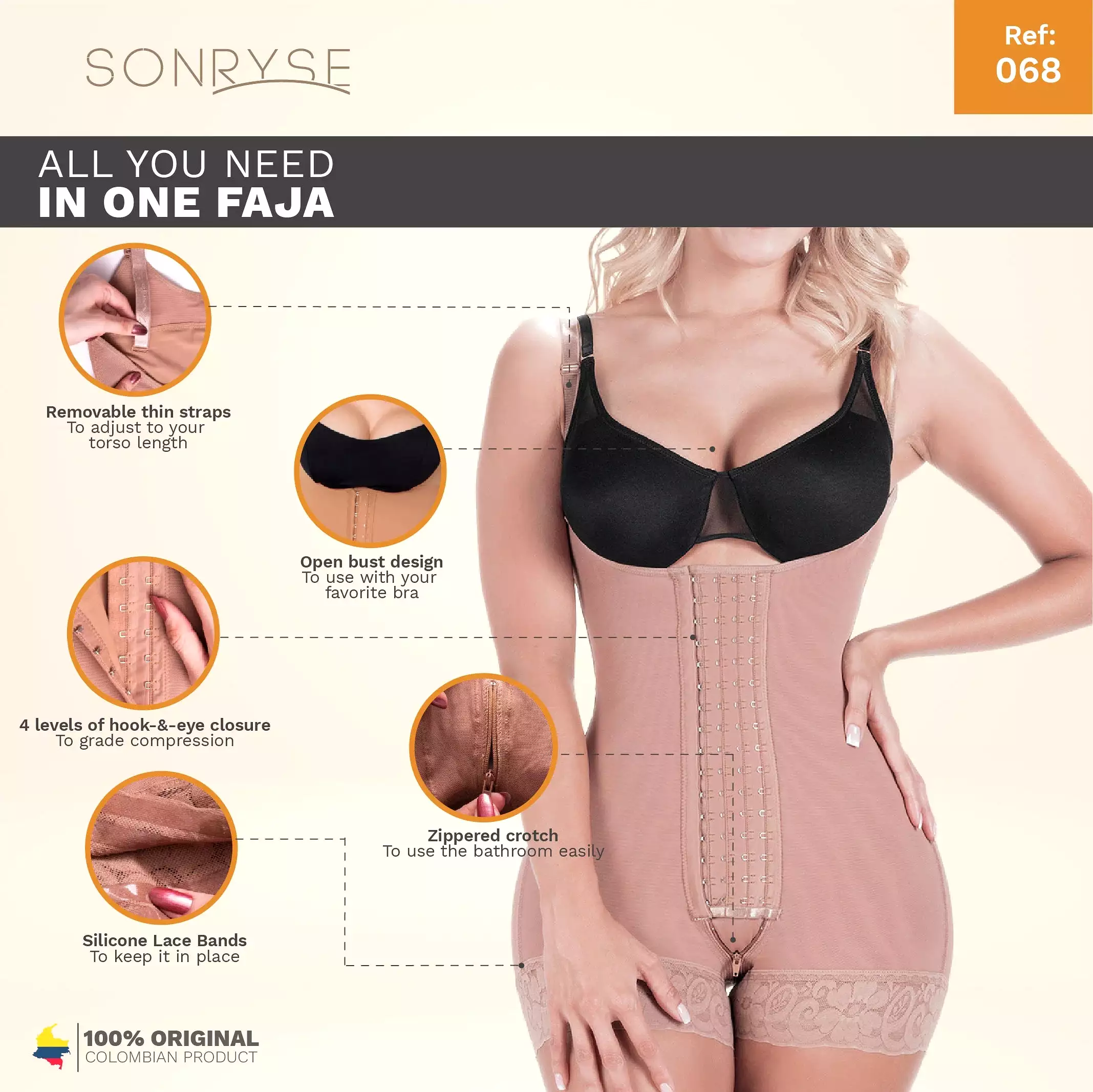 SONRYSE 068BF | FAJAS COLOMBIANAS POSTPARTUM & POST SURGERY TUMMY TUCK LIPO COMPRESSION GARMENT OPEN BUST SHORT SHAPEWEAR BODYSU