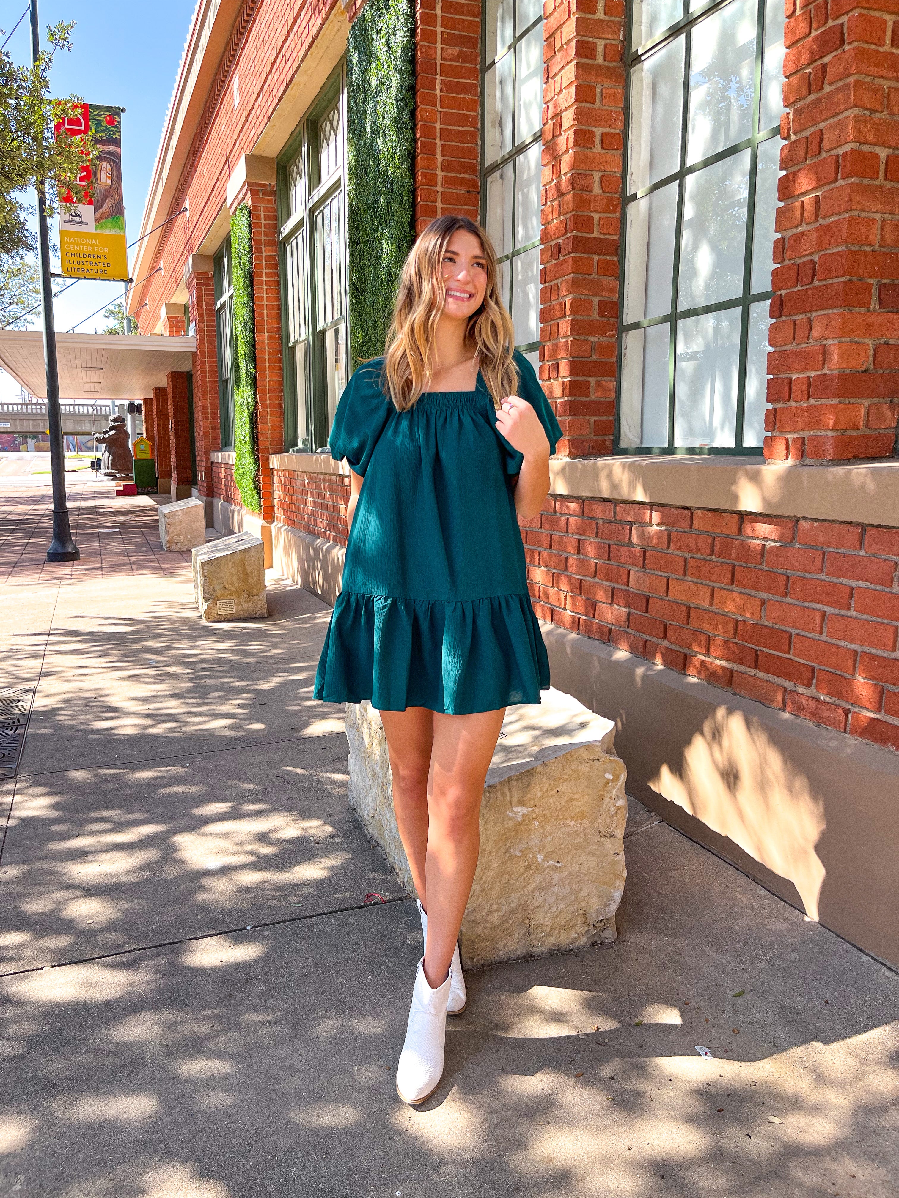 Textured Square Neck Mini Dress- Hunter Green