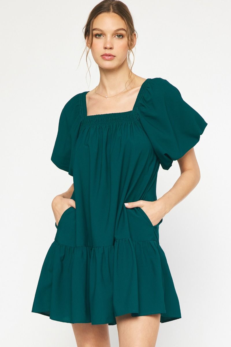 Textured Square Neck Mini Dress- Hunter Green