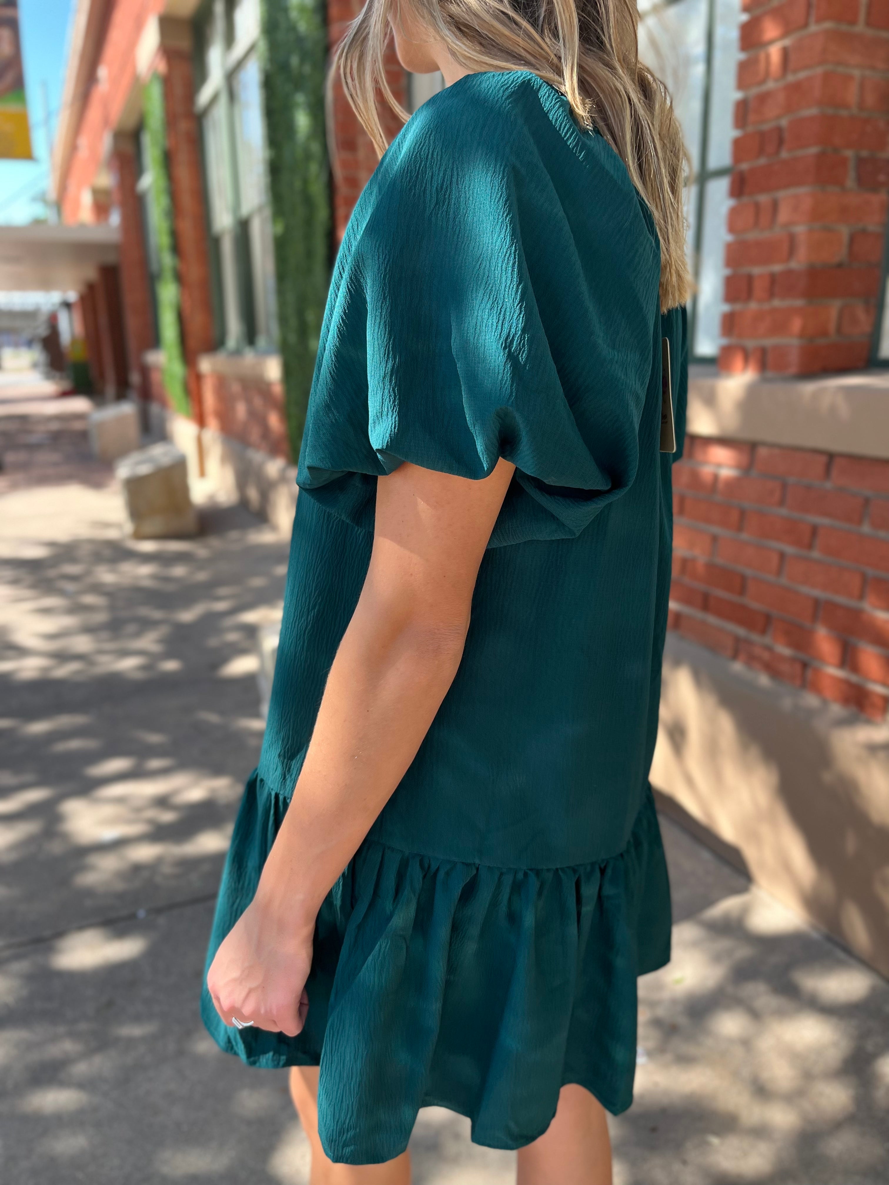 Textured Square Neck Mini Dress- Hunter Green