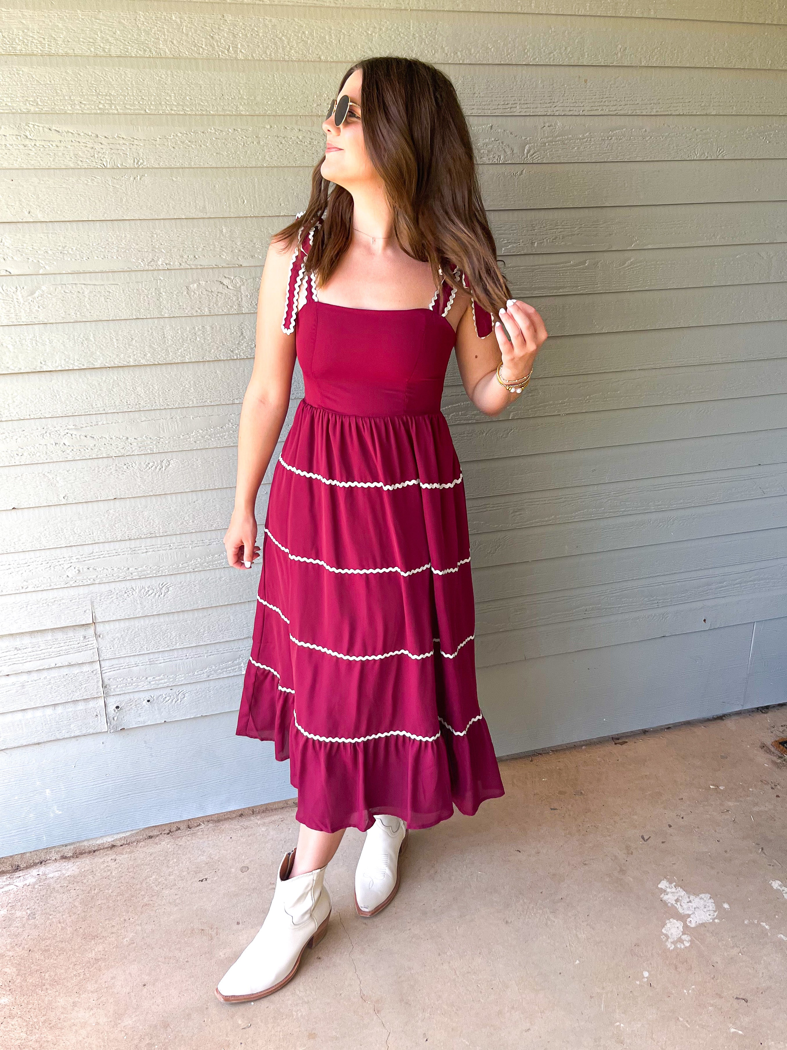 TIERED MIDI DRESS- CRIMSON