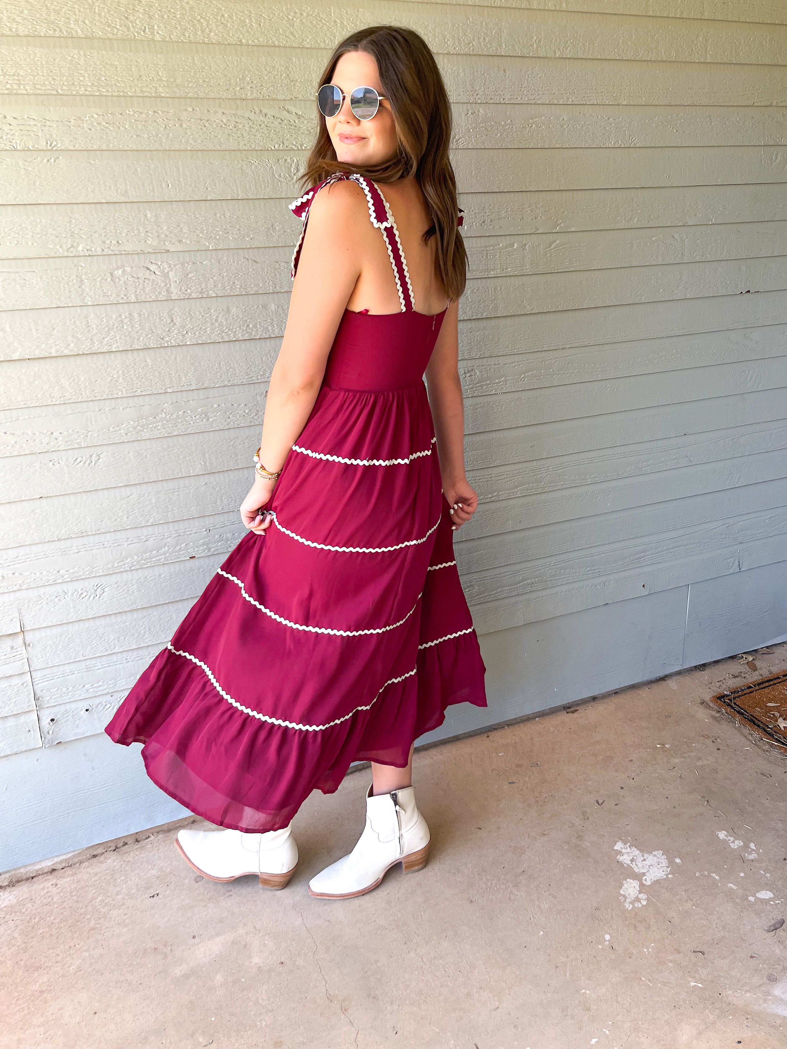 TIERED MIDI DRESS- CRIMSON