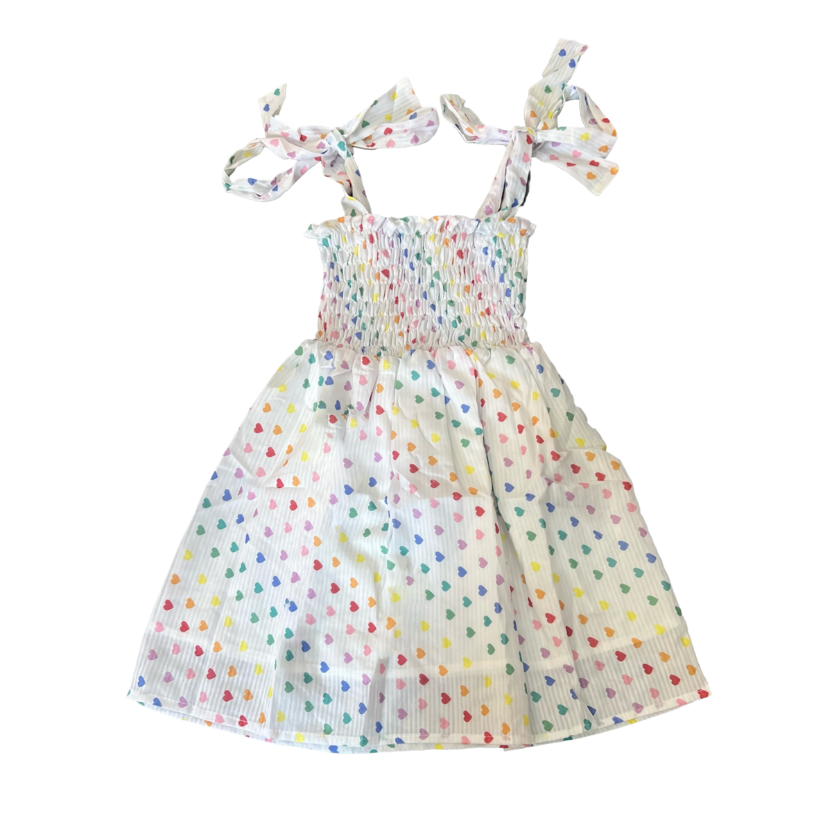 Tweenstyle by Stoopher Rainbow Heart Print Smocked Tie Strap Dress