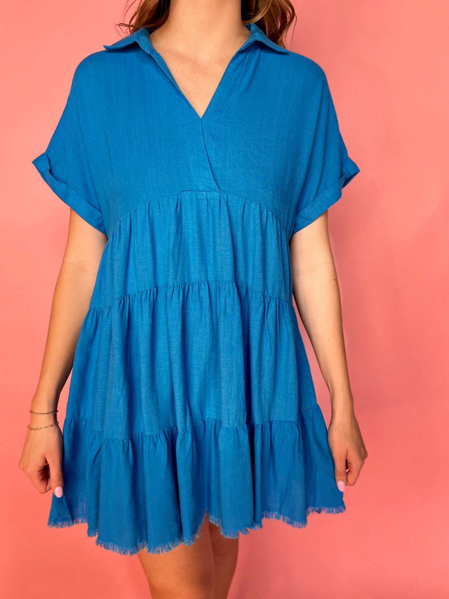 V-Neck Collared Ruffle Tiered Mini Dress - Azure