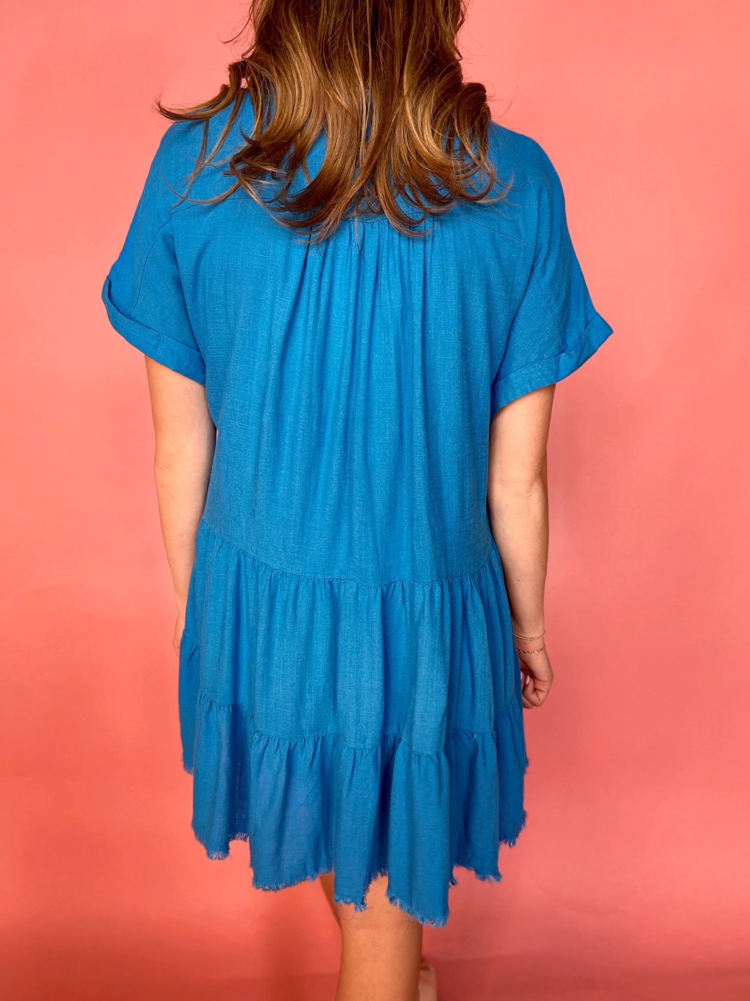 V-Neck Collared Ruffle Tiered Mini Dress - Azure