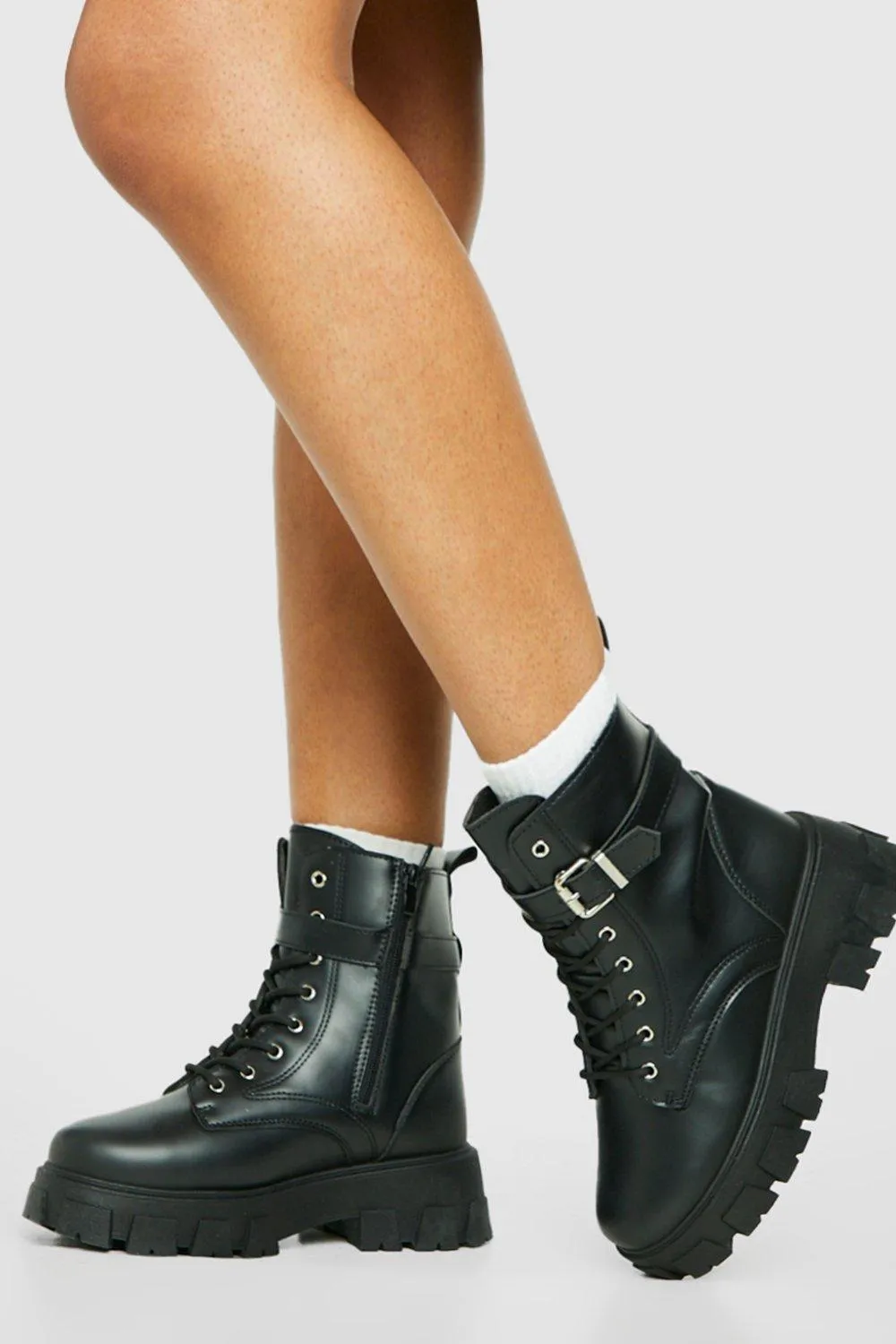 Wide Width Chunky Sole Buckle Detail Lace Up Combat Boots